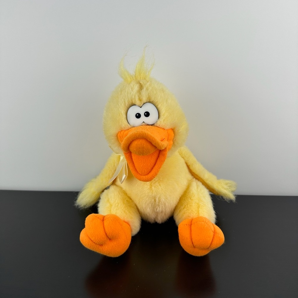 Russ Webster Yellow Orange Duck 7” Fluffy Wings Bow Plush Stuffed Duckling